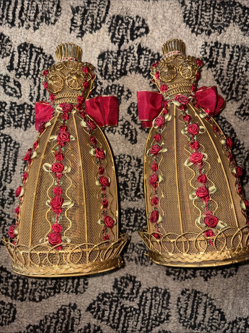 Handcrafted Gold Bell Figurines with Red Rose Accents Candle Holders
